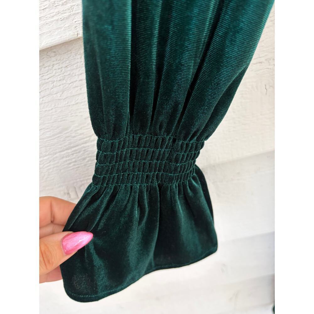 Emerald Green Velvet Dress • V-Neck• Smocked Waist • Bell Sleeve • Romantic Boho - Picture 4 of 10